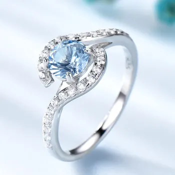 UMCHO Pravi 925 Sterling Silver Obroči Za Ženske Klasičnih Krog Ustvaril Nebo Modri Topaz Gemstone Poroko valentinov nakit Darilo