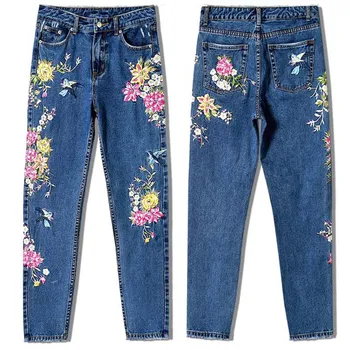 Nova Modna Oblačila za Ženske Traper Hlače Ravne Dolge Jeans Hlače 3D Cvetje Vezenje Visoko Pasu Dame Jeans Hlače Legging