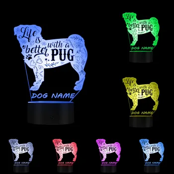 Življenje je Boljše z Pug LED Nočna Lučka Zabavno Prikupen Pes Pasme Dekorativne Umetnosti USB Namizna Svetilka Meri Psa, Ime Prijatelja, Psa Darilo