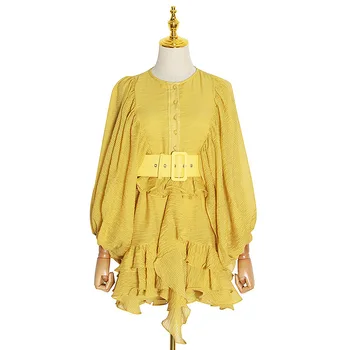 2020 Nov stil Modni O-vratu Imperij Luč Rokav Seksi Ženske obleke Ruffles Sashes Slaven Telo Počitnice Obleke