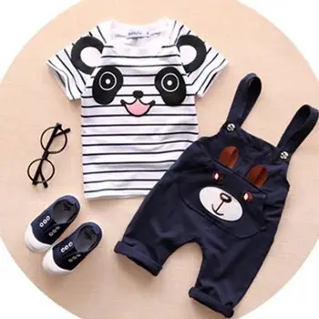 Malčka Otroci Baby Boy Risanka Panda Bombaža T-shirt Prugasta Vrh+Nosi Hlače Hlače 2pcs Oblačila Določa Otrok Obleke