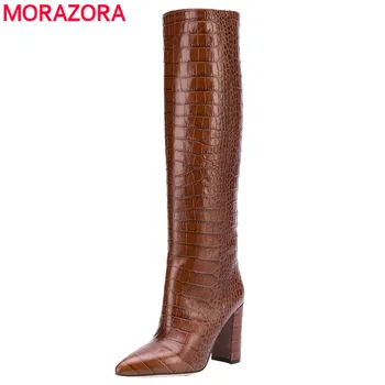 MORAZORA Plus velikost 34-43 Novo blagovno znamko ženske škornji debele visoke pete, kolena visoki škornji konicami prstov dame čevlji zahodni škornji ženske