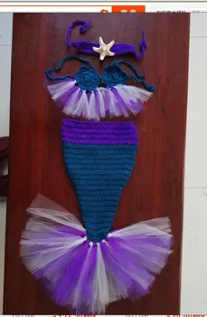 Nov prihod Novorojenčka fotografija rekviziti morska deklica kostum glavo +modrc+rep ročno bombažna preja pletenje obleke 0-1 M ali 3-4M