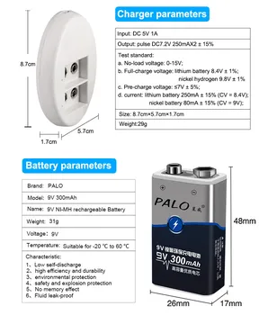 PALO 9V 300mAh Ni-MH baterije za ponovno polnjenje 9V baterijo 6f22+usb 9V baterijo, polnilec 9V baterij nimh li-ion baterija za polnjenje