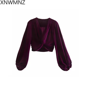 Za ženske, ženska bluza 2021Fashion žamet vrh s vozel letnik Obrezana V-neck top Delavska Bluzo Kimono long sleeve Majica Blusas