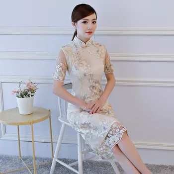 S-3XL Moda Koleno Dolžina Cheongsam Letnik Kitajski stil Oblačenja 2018 Ženska Vezenje Qipao Slim Stranke Obleke Gumb Vestido