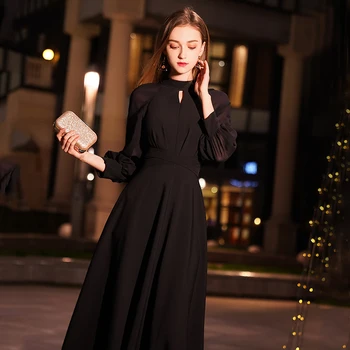 Wei yin Črno Elegantno Linijo Dolgo Večerno Obleko 2021 Novo Visoko Vratu Dolge Rokave Stranka Obleke Steznik Vestido Longos WY1242
