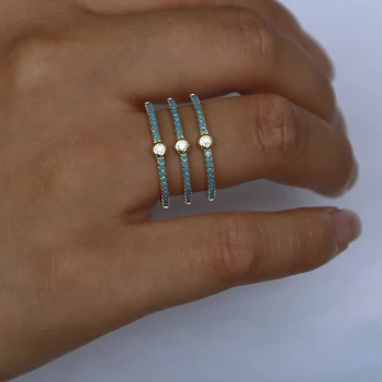 Tri linije cz večnost band zlato barvo utrla modra turquoises kamen moda za ženske, polno prst prstan
