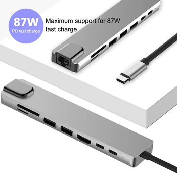 8 v 1, USB Tip C Hub Adapter Tip-C HDMI priključek RJ45 PD Tip-C Hub Razdelilnik