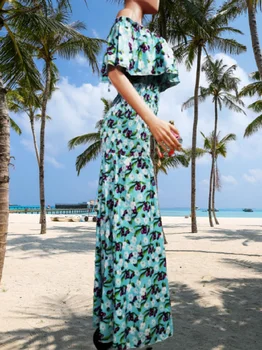 Bohemian Cvjetnim Tiskanja Plaži Maxi Obleka Ženske Seksi Off Ramenski Modra Sweet Stranka Dolge Obleke Afriške Haljo Boho Potovanja Poletje
