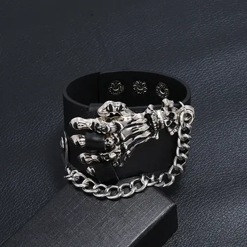 Gothic Punk je nakit za Moške, Okostje Strani usnjeno Zapestnico za Moške 4 cm širok Ročno Nastavljiva Usnjena Zapestnica Nakit