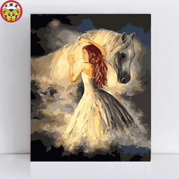 Barvanje z številkami umetnosti barve z število slik, risanje, barvanje na platnu z okvirjem številčenje kit Beli konj in dekle