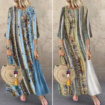 ženske Natisnjeni Obleko 2021 ZANZEA Poletje Maxi Sundress Moda Priložnostne Mozaik Prugasta Vestidos O Ženski Vratu Haljo Preobsežne