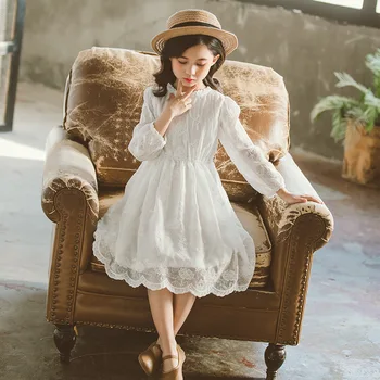 Elegantne Bele Čipke Cvet otroci baby dekleta Oblačenja Dolg Rokav črto, Dekleta obleke Princess Party Vestidos 4 5 6 7 9 8 10 12 let