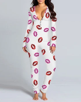 Ženska Ustnice Tiskanja Pajama Sleepwear Jumpsuit Funkcijski Gumbi Flab Woma Doma PajamasOne Kos Odraslih More Jumpsuit