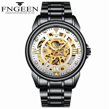 FNGEEN blagovno Znamko Črna Mehanska ura Moških 2020 Moda Graviranje Izbiranje Okostje Ura Samodejni Watch Moški Diamond ročno uro Spusti