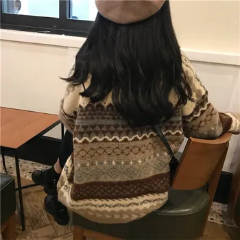 Retro puloverju svoboden diamond jacquardske pleteni pulover zgosti ženski 2020 jeseni in pozimi študentov leni slog pulover
