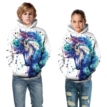 Blagovna znamka Zimskih Otroci Sweatshirts Fant/Dekle Samorog 3D Tiskanih Risanka Puloverji Puloverji Pisane Črnilo Splashi Barve Otroci Hoodie