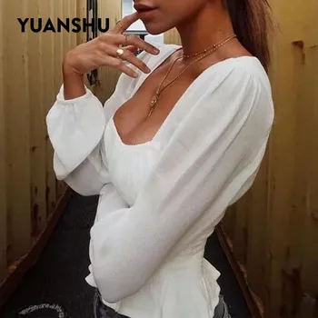 YUANSHU Elegantne Bele Bombažne Kvadratnih Ovratnik Ženske Bluzo Majica Elastična Visoko Pasu Ženski Top Majica Jeseni Seksi Dame Bluzo