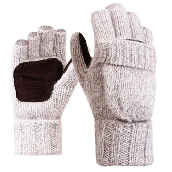 Unisex modna volne, pletene rokavice pol prsta flip moške in ženske zimske volna plus žamet debelo usnje toplo outdoor, jahanje rokavice