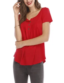 Priložnostne barva ženska majica T-shirt naguban gumb ohlapno okoli vratu T-shirt kratek rokav vrh