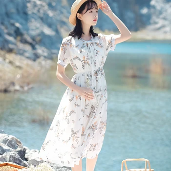 FINEWORDS Pomlad Šifon Cvetlični Vintage Obleko Bele Boho Natisnjeni Plaži Poletje Oblačenja Žensk Dolg Rokav Elegantno Midi Stranke Obleke
