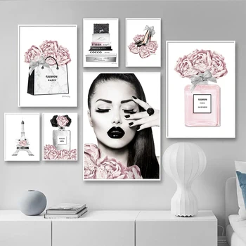 Stekleničke Parfuma Lepoto Dekle Slike Ustnice Visoke Pete Pink Flowe Moda Lady Platno Posterr Ličila Moderne Stenske Fotografij