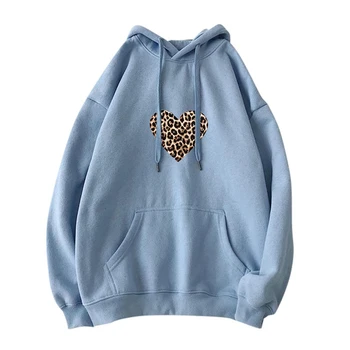 YL Zimske Ženske Modni Hoody Majica Natisnjeni Leopard Ljubezen Srce Runo Lady Hoodie Svoboden Dolgimi Rokavi Ženske Priložnostne Puloverju