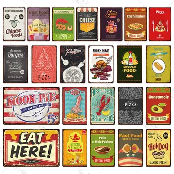 Jesti Tukaj! Vintage Kovinski Znak Plaketo Hitro Hrano Tin Prijavite Kovinski Hot Dog Živila Wall Art Dekor za Kuhinjo Cafe Diner Bar Kovine Znaki