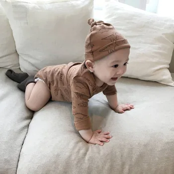 Jeseni Nov Baby Dinozaver Tiskanja Dolg Rokav Bombaž Obleka, Obleka Risanka Jumpsuit + Klobuk Baby Dekle Oblačila Baby Boy Set