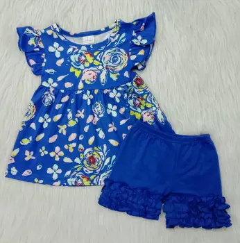 Trgovini baby dekleta boutique oblačila, ki malček kratkimi rokavi za malčke modra cvetlični ruffle hlače otroci malčka otroci oblačila