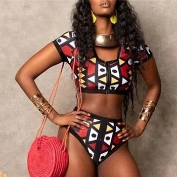 Visoko Pasu Bikini Afriške Tiskanja Kopalke 2 Kos Določa Ženska Zadrgo Kopalke Visoka Vitka Kopalke Seksi Bikini 2021 Dropship