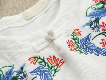 Vintage Etnične Vezenje Bombaž In Perilo za Ženske T-majice z Dolgimi Rokavi Jeseni Svoboden O-Vratu Ploščo Sponke Cvetlični Tee Shirt Femme