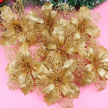 12 Kos Bleščice Poinsettia Cvetje Votlih Umetno Cvetje Božični Okraski Božič Visi Drevo Obesek (Zlati)