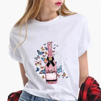 2020 seksi Modni visoke pete ženske natisnjeni T-shirt vino, Šampanjec Harajuku grafični Estetske Tshirt priložnostne O ovratnik poletje ženske