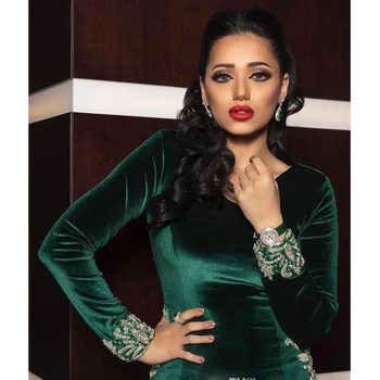 Smaragdno Zelena Večer Formalnih Obleke z Beaded Beading Proti-vrat Dolg Rokav Žamet morska deklica arabski Muslimani Dubaj Maturantski Oblek