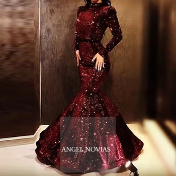 Dolge Rokave Visoko Vratu Morska Deklica Večerno Obleko 2020 Glitters Burgundija Arabski Abendkleider Haljo De Soiree Longue 2018