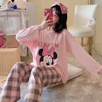 Disney Risanke Pižamo Mickey Minnie Šiv Nosijo Živali, Nekaj Sleepwear Bombaža Ženske Kariran Hlače Domov Dolg Rokav Pajama Srčkan