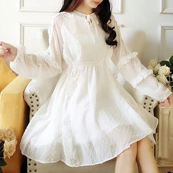 Kawaii Obleko Korejski Čipke Šifon Obleko Ženske Ruffle Boho Bele Obleke 2019 Bohemian Vestidos Dolg Rokav Haljo Femme Vintage New