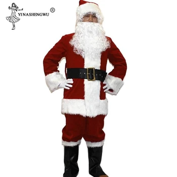 Odraslih Božiček Kostum Obleko Plišastih Oče Fancy hvala Božič Cosplay Rekvizitov, Moški Plašč, Hlače Brado Pas Klobuk Božič 10 Delni Set