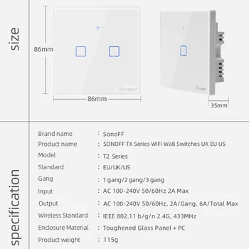 SONOFF TX/T2 EU/UK 1/2/3 Banda Svetlobe Led Stensko Stikalo Touch/Wifi/433Mhz RF Daljinski/Glasovni Nadzor Smart Panel za Google Doma Alexa