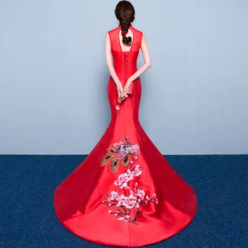Rdeča morska deklica poroko čipke tradicionalne obleke za ženske cheongsam kitajski slog dolgo qipao večer 2016 visoke kakovosti saten