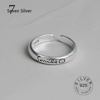Pravi 925 sterling srebro prst nasmeh črke obroči za ženske Trendy fine Nakit Velik Nastavljiv Starinsko Obroči Anillos