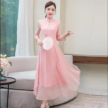 Poletje Kitajski obleko Cheongsam Ao dai Vietnam Ženske Roza obleko Šifon Dolge obleke