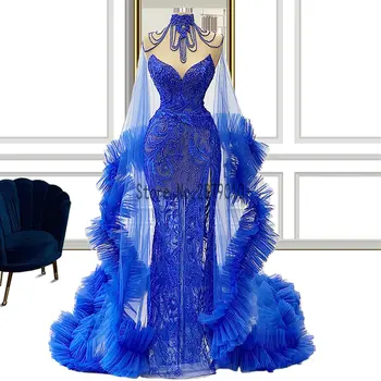 Royal Modra morska deklica Večerne Obleke z Zaviti Iluzijo Seksi Split Večerne Beaded Prom Stranka Formalno Obleko