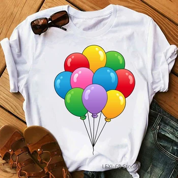 Happy Birthday Slon Grafika Print Majica S Kratkimi Rokavi Ženske Mavrični Balon Tshirt Femme Harajuku Majica Kawaii Oblačila Smešno T-Shirt