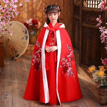 Novo Vezenje Dekle Hanfu Jeseni, Pozimi Cheongsam Kitajsko Tradicijo Poroko Cvet Obleko Luštna Otroci Novo Leto Obleko Oblačila