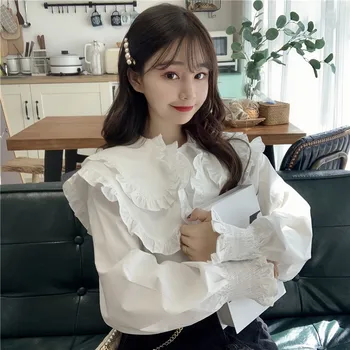 Sweet lolita majica mori dekleta jeseni, spomladi sveže kawaii Japonski slog dolg rokav bela, črna trdna bluzo blusa feminina