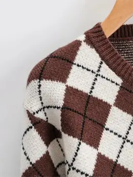 Foridol jeseni, pozimi argyle pleteni pulover potegnite femme anglija slog kariran letnik puloverji rjava priložnostne skakalec 2020
