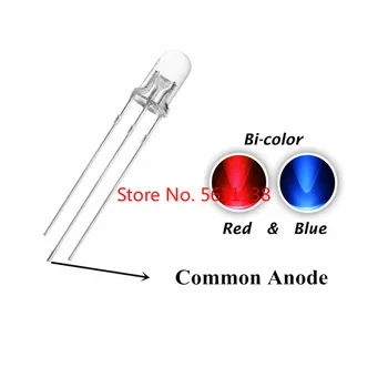 100 kozarcev F5, 5mm Bicolor čip LED Rdeča + Modra Skupno Anodo Vodo Jasno Dvojno Barve Led Krog Glavo Svetilka Svetlobe Kroglice, rdeča+modra R+B